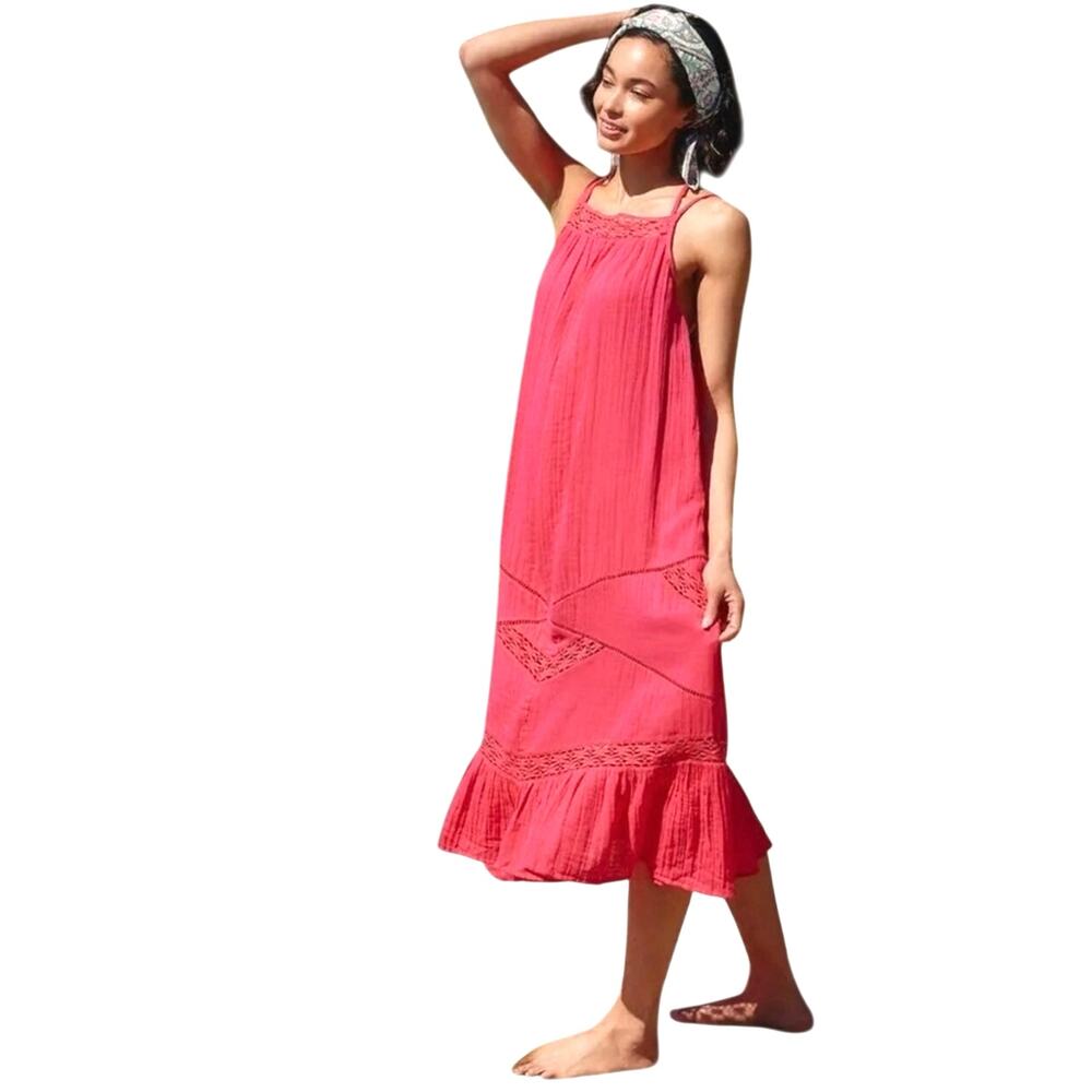 ANTHROPOLOGIE Women’s Boho Pink Lace Trim Crinkle Gauze Midi Dress - Picture 1 of 6